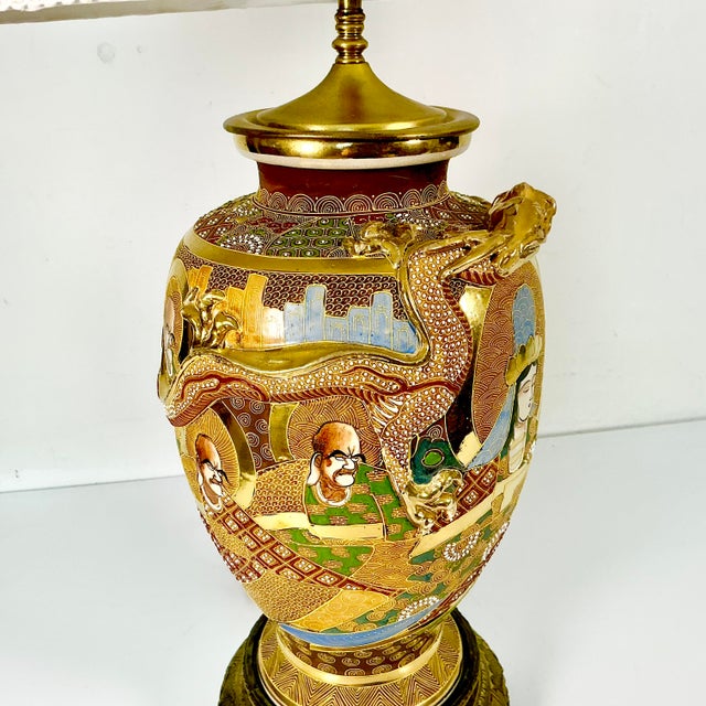 Early 20th Century Vintage Hand Painted Japanese Satsuma Moriage Ironstone Table Lamp With Raised Relief Dragon For Sale - Image 5 of 17