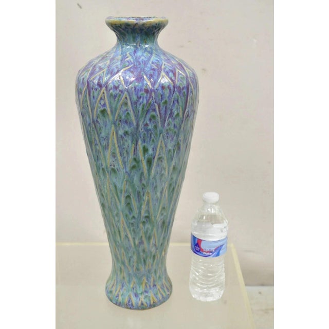 Vintage Mid Century Modern Ceramic Pottery Glazed Feather Pulled 20" Purple Blue Vase. Circa Mid 20th Century....