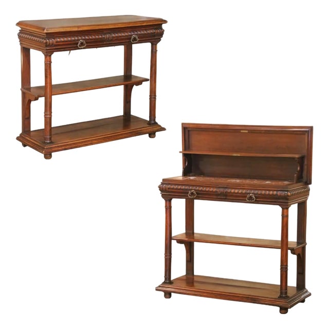 19th C. French Henri II Walnut Desserte Console With Lift-Top Marble Interior For Sale