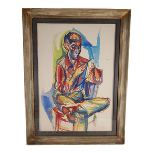 1940s Figurative Expressionist Man Reading Original Watercolor on Paper