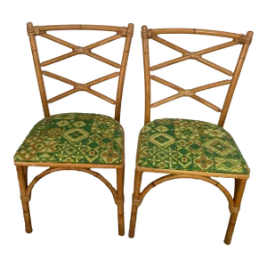 1960s Haywood Wakefield Rattan Dining Chairs With Modern Green Upholstery- Set of 2
