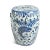 Ceramic garden stool with indigo blue fish and botanical design painted over white background. Beautiful hand crafted and...