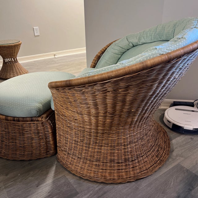 Late 20th Century Vintage Rattan Chair and Half Moon Ottoman Chairish