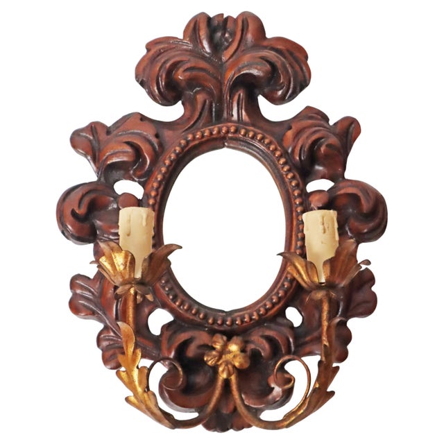 Baroque Style Hand-Carved Gold Leaf Wall Lamp with Mirror, 1960s For Sale - Image 11 of 11