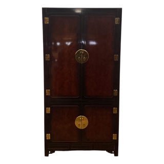 Vintage Hickory White Furniture Chinoiserie Style Burl Wood & Lacquer Storage Cabinet / Armoire For Sale