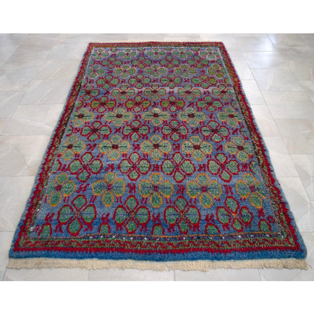 Blue 1940s Vintage Turkish Oushak Rug Hand Knotted High Pile Area Rug - 4′10″ × 8′5″ For Sale - Image 8 of 13