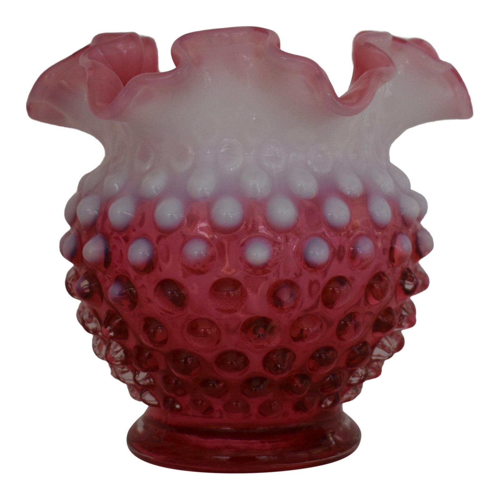 1940s Fenton Cranberry Glass Opalescent Ruffle Rim Hobnail Vase Chairish