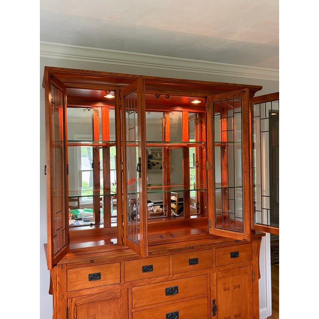 Mission Late 20th Century Stickley Style Mission Oak Arts & Crafts China Cabinet Hutch For Sale - Image 3 of 11