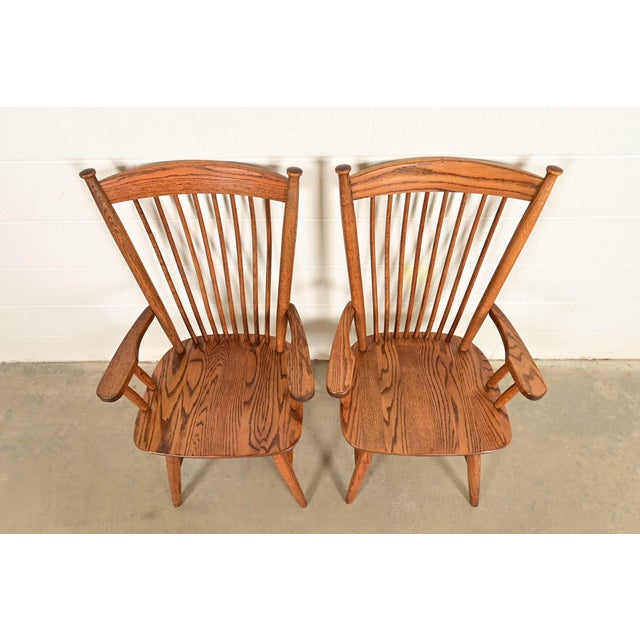 Late 20th Century Stickley Style American Colonial Solid Oak Spindle Back Windsor Armchairs, Pair For Sale - Image 5 of 15