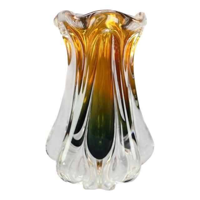 Mid-Century Amber and Green Art Glass Vase attributed to Josef Hospodka, 1960s For Sale