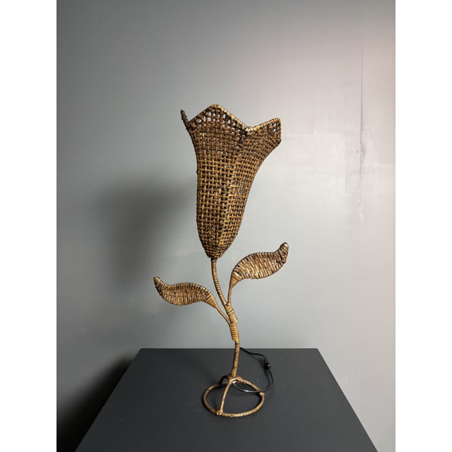 Large Mid-Century French Rattan Wicker Flower Tulip Table Lamp, 1960s For Sale - Image 9 of 16