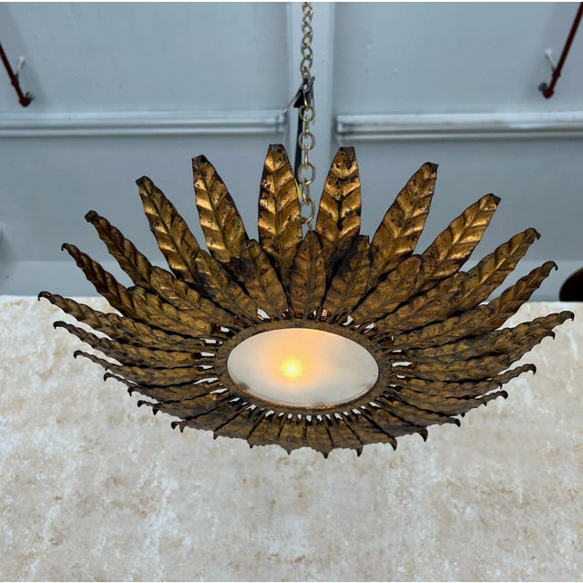 Vintage Spanish Gilt Metal Sunburst Ceiling Fixture For Sale - Image 9 of 12