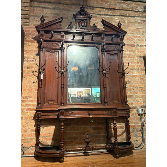 Early 20th Century Grand Antique Carved Wood Hall Tree For Sale - Image 5 of 11