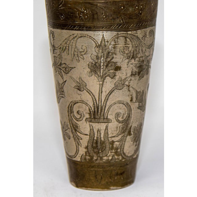 Antique Engraved Metal Silvered Beaker or Vase From India 1940s For Sale - Image 4 of 11