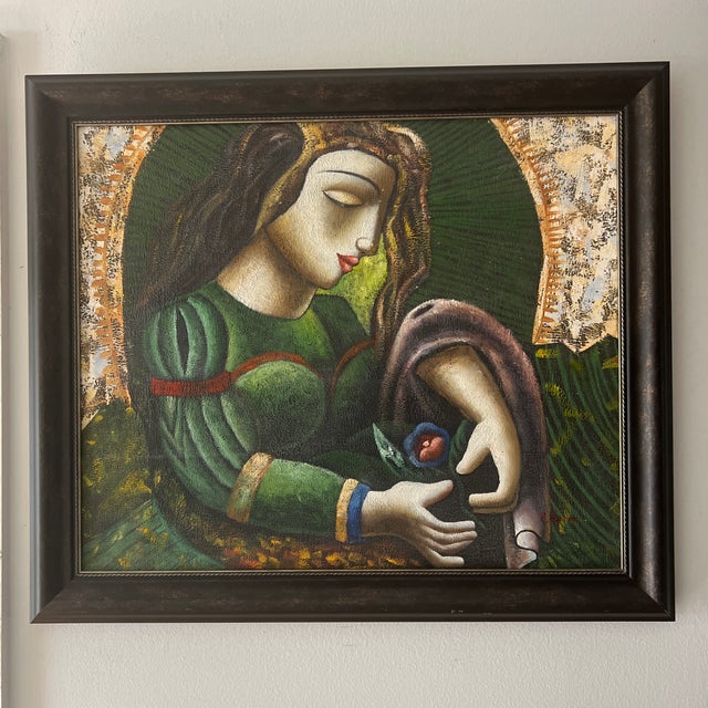 20th Century Oil on Canvas Framed Signed by American Artist Titled Mother Mary With Sacred Heart of Jesus For Sale - Image 4 of 11
