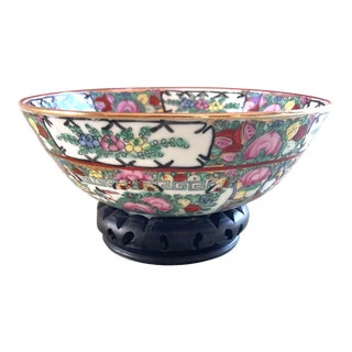 Chinoiserie Famille Rose Medallion Japanese Porcelain Bowl on Carved Wood Stand For Sale
