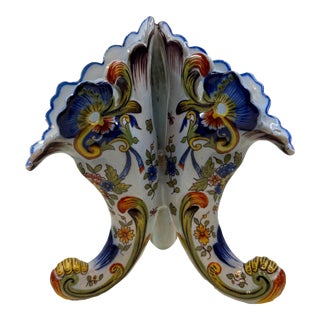 19th Century Rouen Faience 3 Horn Cornucopia Vase From France For Sale