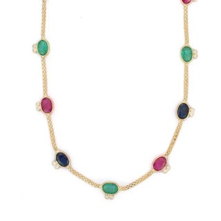 Certified 5.47ct Emerald, Ruby & Sapphire Curb Chain 18k Gold Necklace With Diamonds For Sale