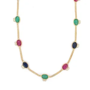 Certified 5.47ct Emerald, Ruby & Sapphire Curb Chain 18k Gold Necklace With Diamonds