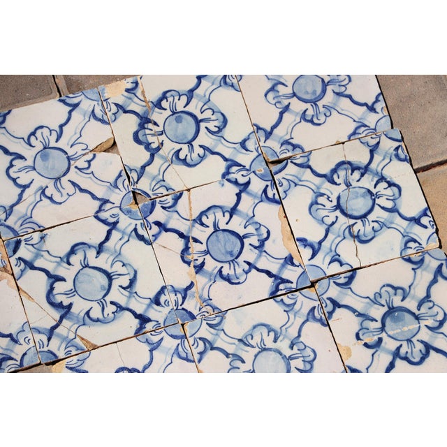 Antique 18th Century Portuguese Blue & White Tiles Set of 61 With Repeating Floral-Geometric Pattern For Sale - Image 11 of 18