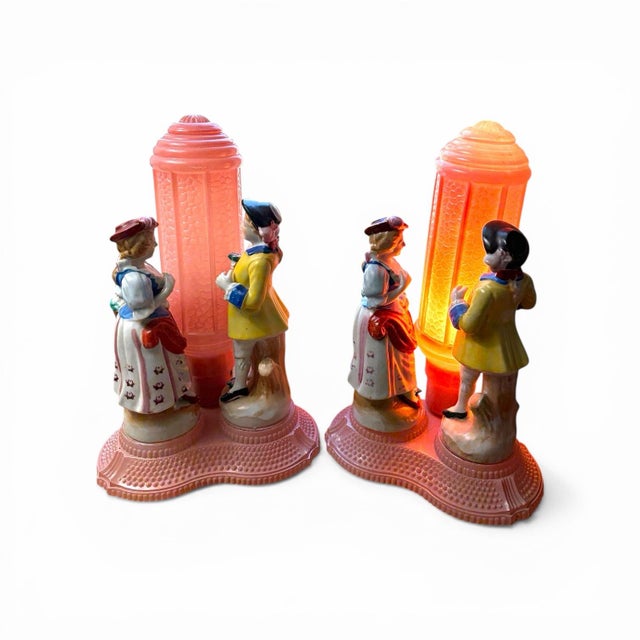 Art Deco Vintage Art Deco Courting Couples Pink Glass Lamps1930s Era - a Pair For Sale - Image 3 of 12