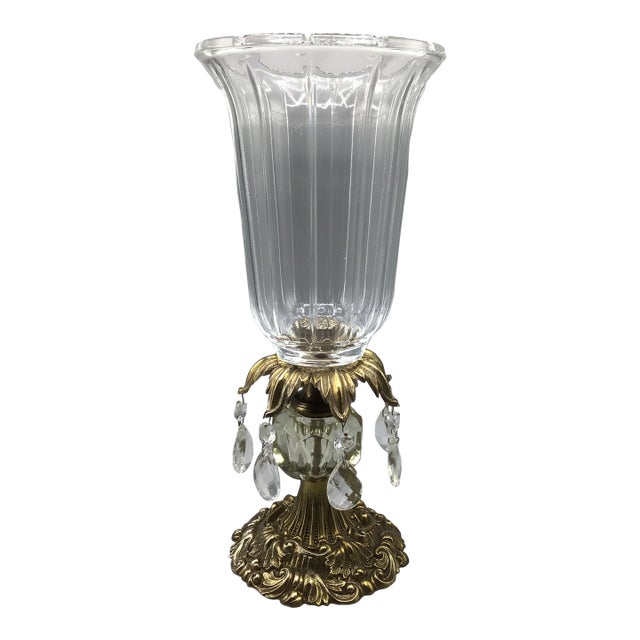 Hurricane Candle Holder Brass Base and Crystal Bowl With Hanging Crystals For Sale