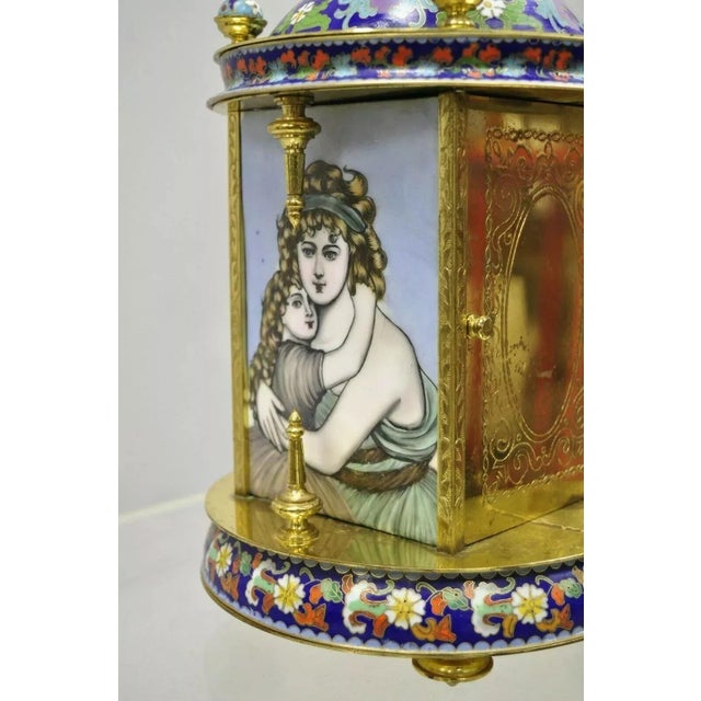 Vintage Chinese Cloisonne Brass Figural Porcelain Enamel Mantel Clock For Sale - Image 11 of 12