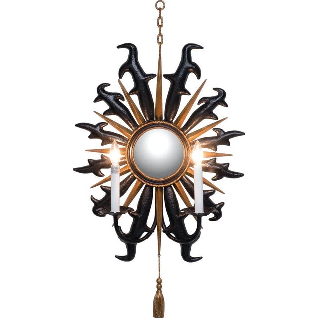 Hammered Matte Black and Antique Gold Leaf Finished Wall Sconce with Tassel Accent