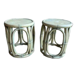 Late 20th Century McGuire Pair of Bamboo Rattan Taboret Drum Stool Side Tables