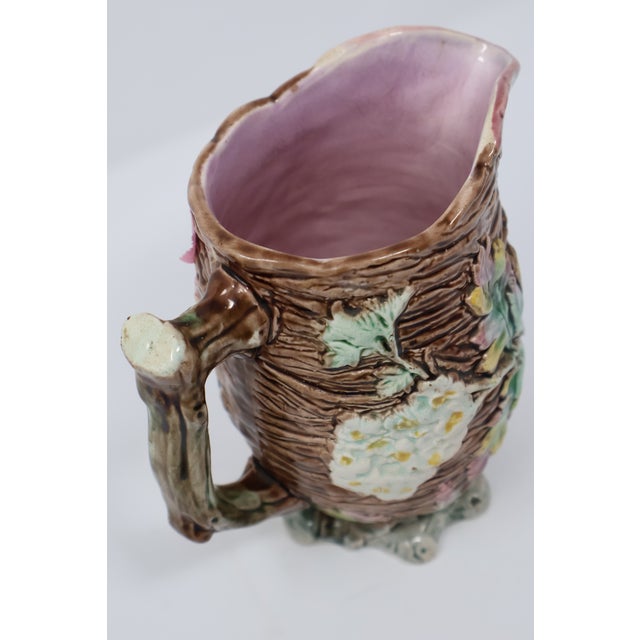 Brown Antique English Majolica Rustic Floral Tree Bark Pitcher, Attributed to Shorter & Boulton For Sale - Image 8 of 18