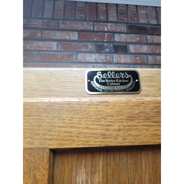 Antique Sellers "Kitcheneed" Hoosier Cabinet - Elwood, Indiana – Sage Green & Oak For Sale - Image 12 of 12