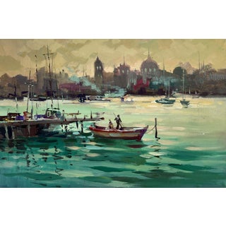Oil Painting Evening Over the Pier With Boats Yuriy Suprunchuk For Sale