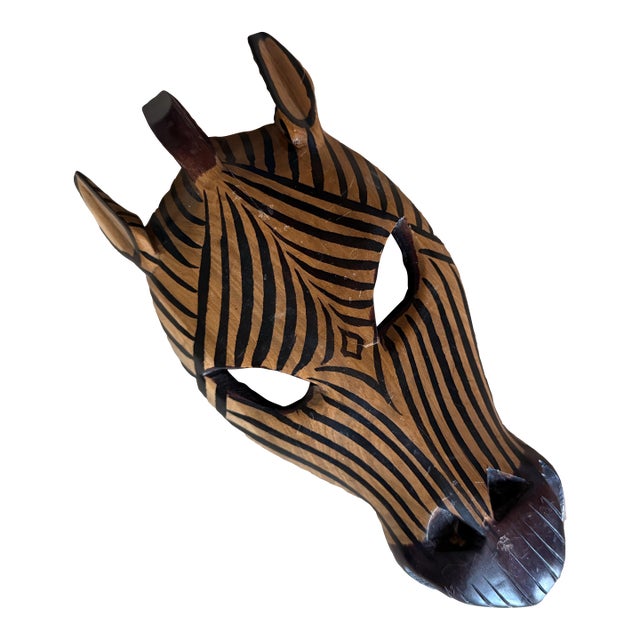 Vintage Hand-Carved Wooden Zebra Mask Wall Sculpture For Sale