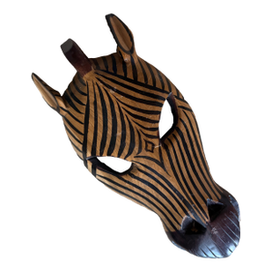 Vintage Hand-Carved Wooden Zebra Mask Wall Sculpture