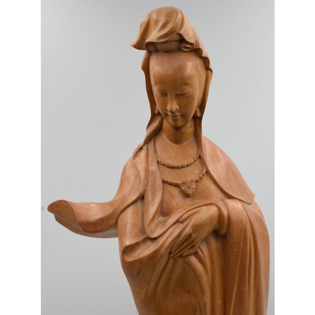 Shabby Chic Vintage Guanyin the Bodhisattva of Compassion Hand Carved Wood Statue Figure For Sale - Image 3 of 10