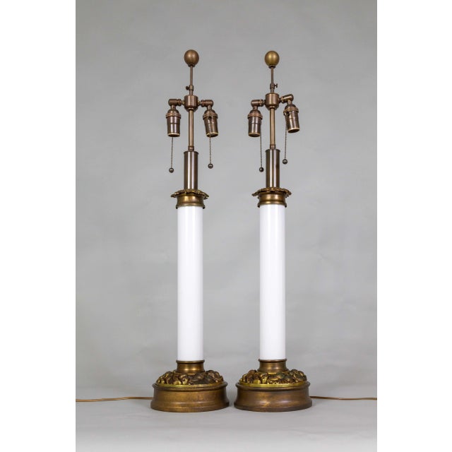 White 1940s Large Custom Milk Glass Table Lamps With Brass Foliate Bases by Paul Hanson Co. For Sale - Image 8 of 9