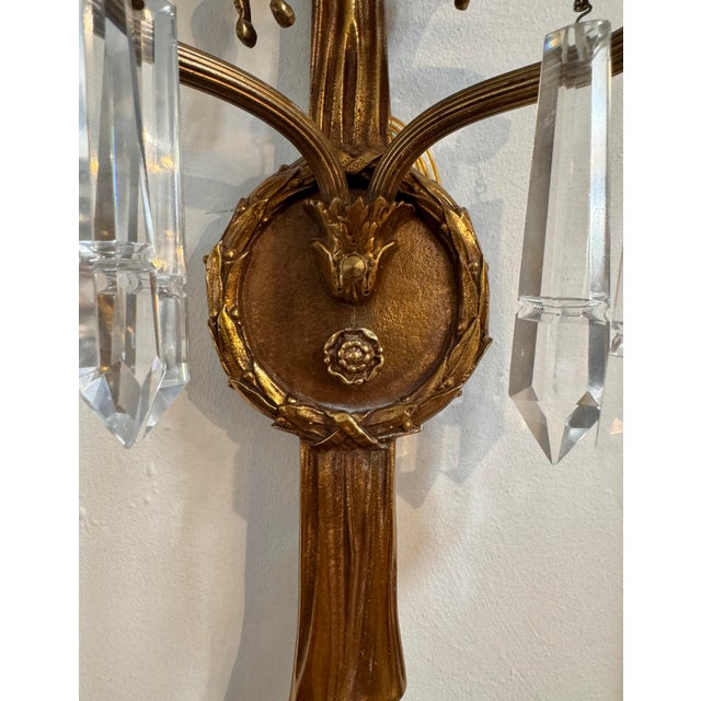 Pair of Antique Louis XVI Style Bronze & Crystal Sconces For Sale - Image 4 of 5
