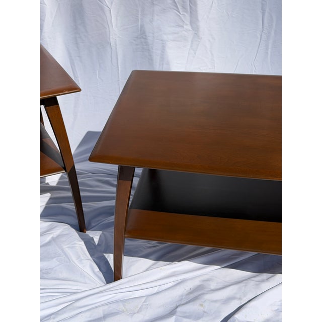 For sale is a pair of Heywood Wakefield walnut side tables made in 1959.