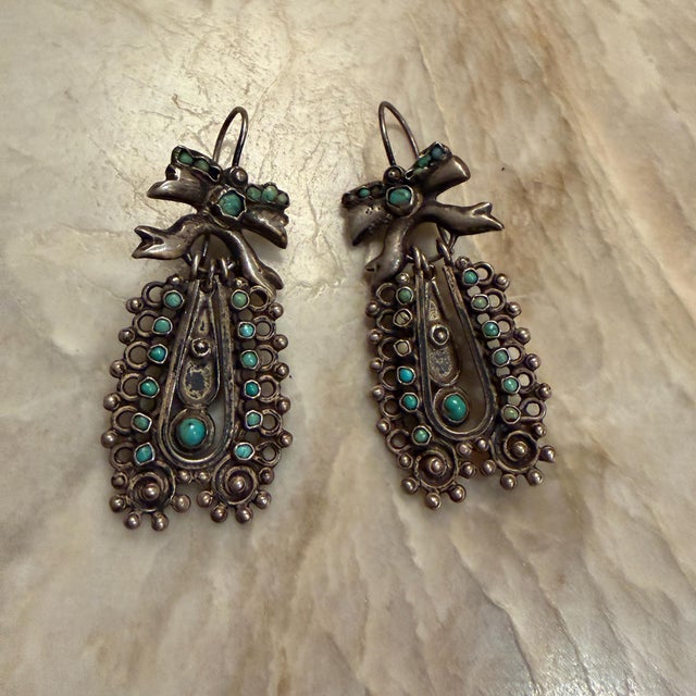 Mexican Mexican Dangle Earring Sterling Silver Turquoise Stones Barretto Matilde Poulat For Sale - Image 3 of 18