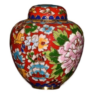 Cloisonné Enamel Small Melon Ginger Jar With Peony Motif and Lid For Sale