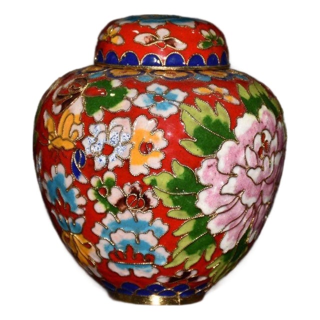 Cloisonné Enamel Small Melon Ginger Jar With Peony Motif and Lid For Sale