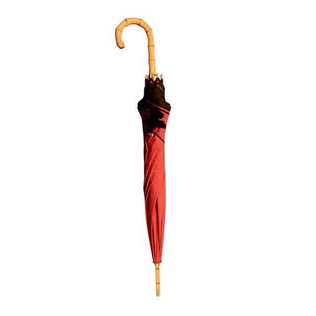 Late 20th Century Vintage Ysl / Yves St Laurent Red & Navy Blue Tassel Umbrella With Bamboo Handle For Sale - Image 5 of 6