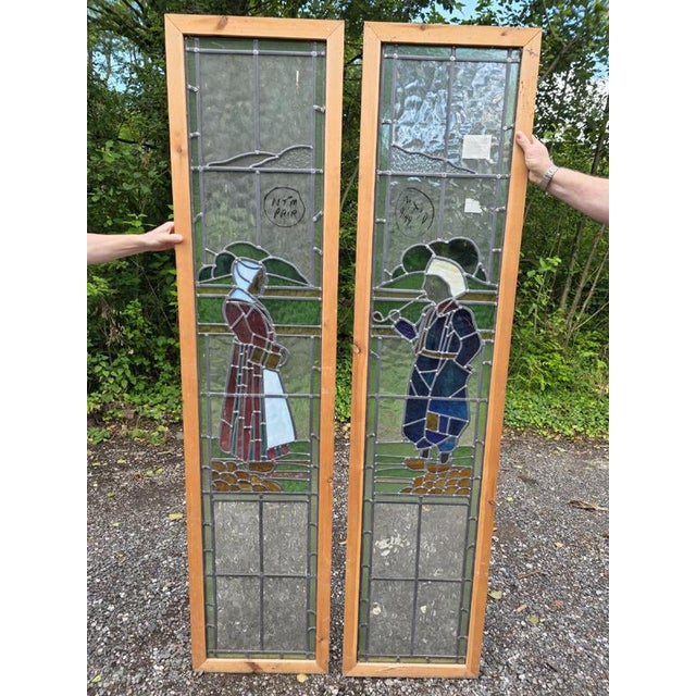Antique Leaded Glass Window with Dutch Boy and Girl Design, 1930 For Sale - Image 6 of 6