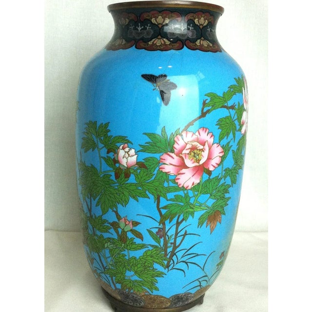 Asian Antique 1910s Blue Floral Bird Cloisonne Vase For Sale - Image 3 of 12