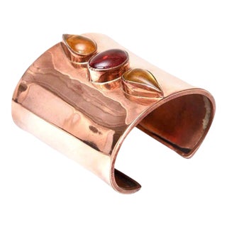Hallmarked Copper Wide Cuff Bracelet With Red, Yellow Amber Glass Stones 90's For Sale