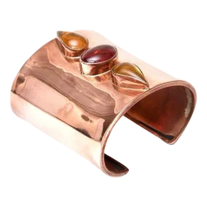 Hallmarked Copper Wide Cuff Bracelet With Red, Yellow Amber Glass Stones 90's