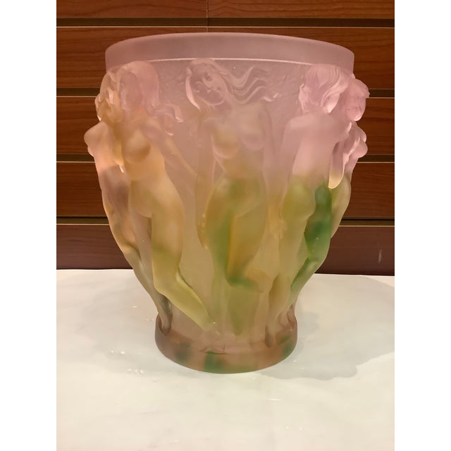 Glass 1950s Vintage XL Crystal Heavy Glass Art Vase, Green Pink Ombré Naked Ladies For Sale - Image 7 of 13
