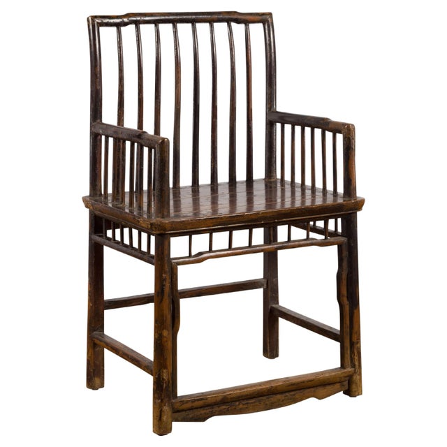 Chinese Qing Dynasty 19th Century Elmwood Armchair with Slatted Back and Arms For Sale - Image 13 of 13