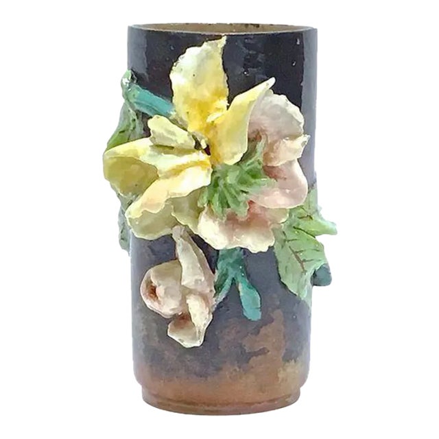 Antique French Barbotine Floral Majolica Vase For Sale
