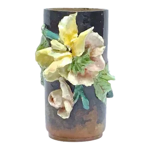 Antique French Barbotine Floral Majolica Vase